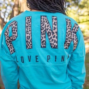 VS PINK Leapord Long-Sleeve Light Blue T-shirt